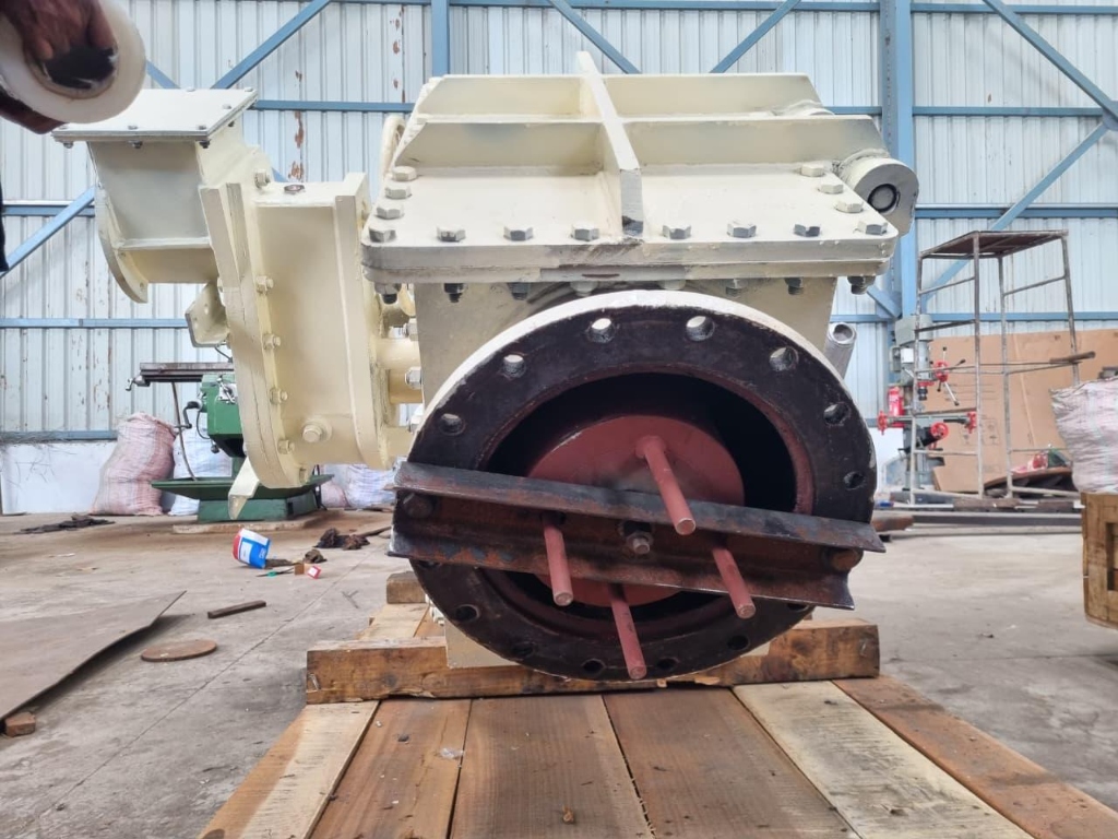Large white gas isolation valve on workshop pallet
